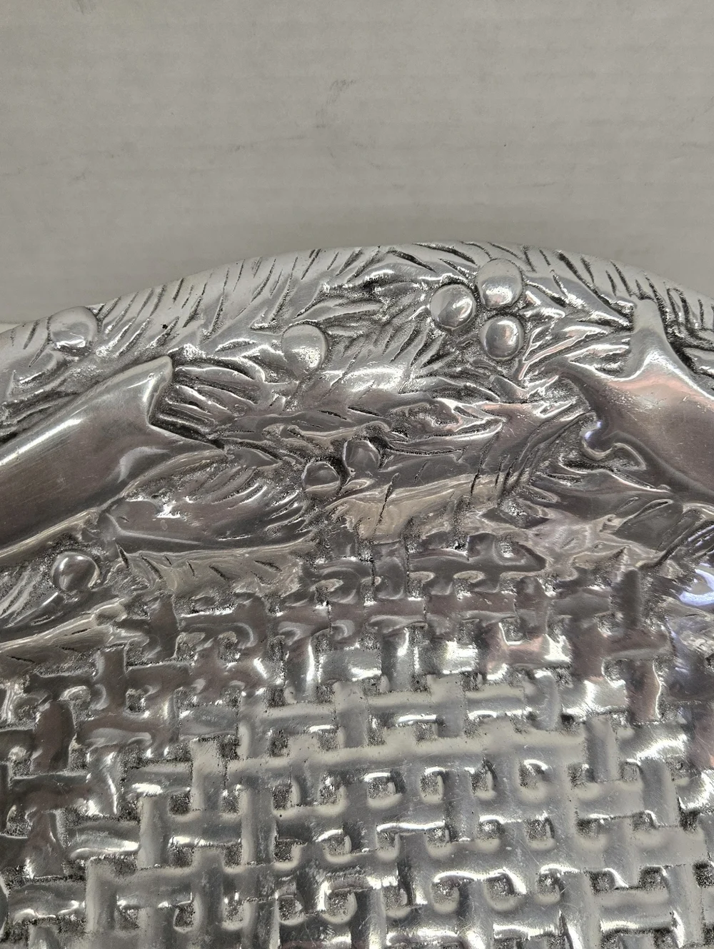 Cast Aluminum Embossed Holly Vine, Basket Weave, Bows Serving Tray Platter Bowl